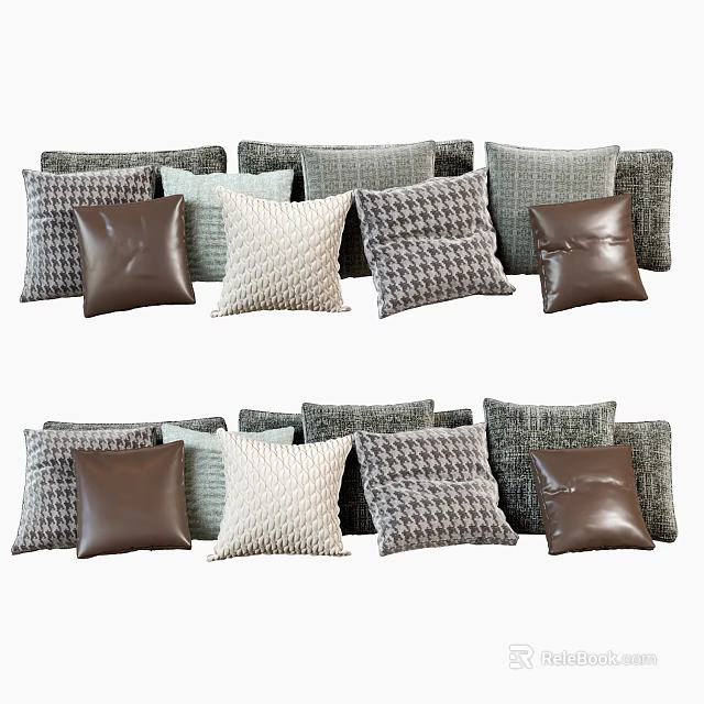 Stylish Decorative Pillows In Brown Gray And White With Checkerboard And Plain Patterns 3d model