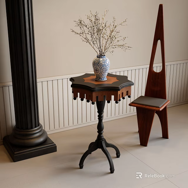 Hexagonal Wooden Side Table With Blue And White Vase And Dried Flowers Next To Chair 3d model 