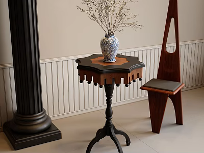 Hexagonal Wooden Side Table With Blue And White Vase And Dried Flowers Next To Chair 3d model