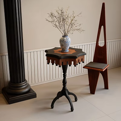 Hexagonal Wooden Side Table With Blue And White Vase And Dried Flowers Next To Chair 3d model