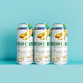 Peilin Soy Milk Three Cans With Yellow Soybean Illustration On Light Blue Background
