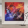 Abstract Oil Painting With Vibrant Red Yellow Blue Colors In Modern Interior With Decorative Sculpture