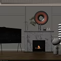 Modern Living Room Interior With Marble Fireplace Burning Fire Circular Wall Art And Green Plant
