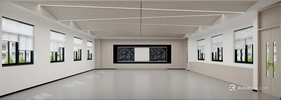 School Spacious Corridor With Display Boards Windows Gray Flooring And Ceiling Lines 3d model 