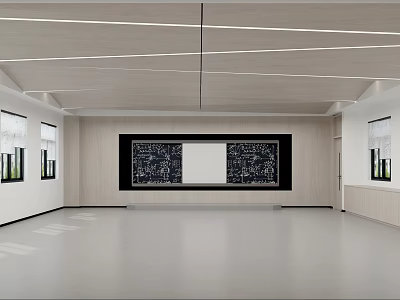 School Spacious Corridor With Display Boards Windows Gray Flooring And Ceiling Lines 3d model