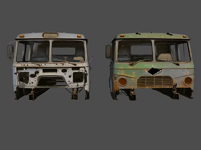 Old Rusted Car Fronts In Light Gray And Green With Damaged Parts 3d model