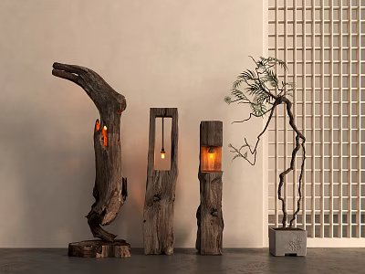 Natural Wooden Floor Lamp With Branch Design And Warm Light For Rustic Home Decor 3d model