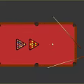 Red Wooden Billiard Table with Colored Balls Triangle Racks White Cue Ball and Pool Cues