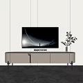 Modern TV Stand With Flat Screen TV Green Plant And Light Color Cabinets