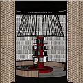 Hotel Lobby Interior Featuring Large Lampshade Red Bookshelf And Circular Seating