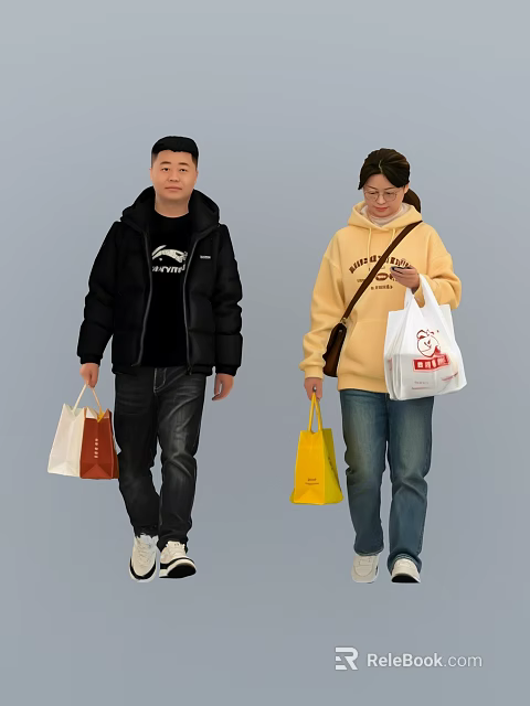 People Walking Carrying Shopping Bags Wearing Black Jacket And Yellow Hoodie 3d model 