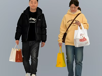 People Walking Carrying Shopping Bags Wearing Black Jacket And Yellow Hoodie 3d model