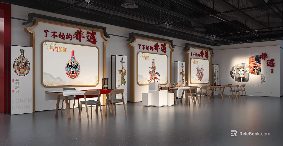Traditional Intangible Cultural Heritage Interactive Area With Opera Masks And Wooden Tables 3d model 