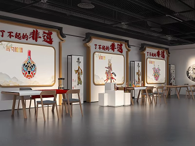 Traditional Intangible Cultural Heritage Interactive Area With Opera Masks And Wooden Tables 3d model