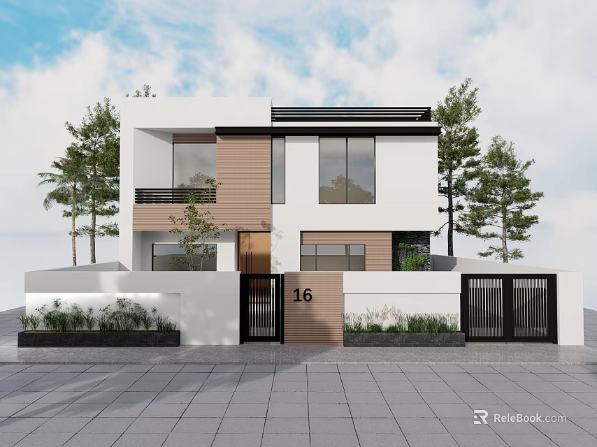 Modern Detached Villa With White Brown Exterior Large Windows Black Gates And Surrounding Green Plants 3d model 