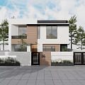 Modern Detached Villa With White Brown Exterior Large Windows Black Gates And Surrounding Green Plants