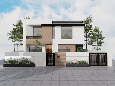 Modern Detached Villa With White Brown Exterior Large Windows Black Gates And Surrounding Green Plants 3d model