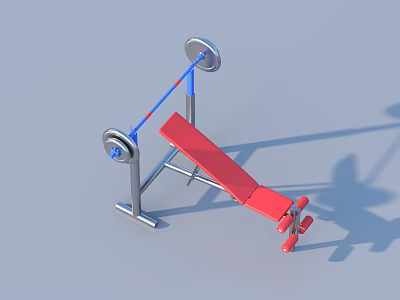 Red Bench Press Fitness Equipment With Blue Barbell And Silver Weight Plates 3d model