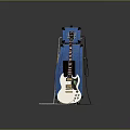 Blue Amplifier Brown Speaker Cabinet with White Electric Guitar and Connecting Cable