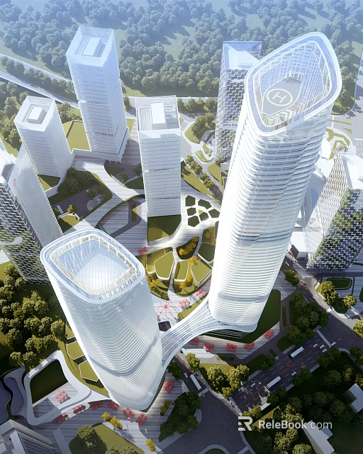 Aerial View Urban Planning Featuring Modern Skyscrapers Green Spaces And Layout Design 3d model 