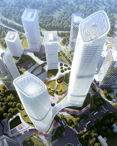 Aerial View Urban Planning Featuring Modern Skyscrapers Green Spaces And Layout Design 3d model