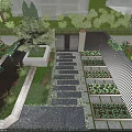Black Metal Entrance Gate With White Pillars Slatted Fence Green Plants And Paved Courtyard