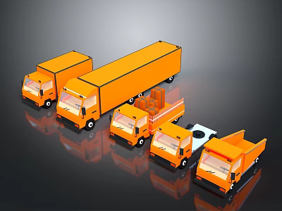 Five Orange Trucks of Various Types on Dark Background with Reflections 3d model