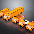 Five Orange Trucks of Various Types on Dark Background with Reflections