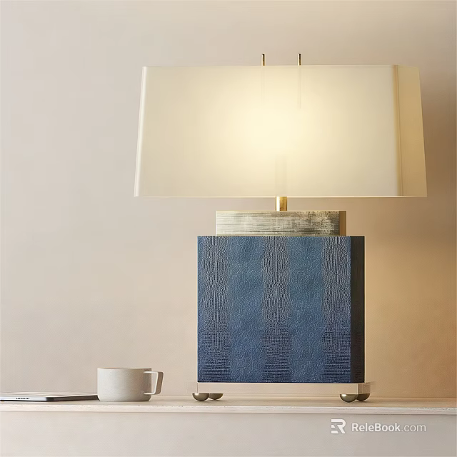 Modern Table Lamp With Blue Square Base And White Lampshade On Table 3d model