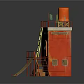 Red Small Tower Like Building With Yellow Ladder Slide Green Cloth And Orange Water Tank