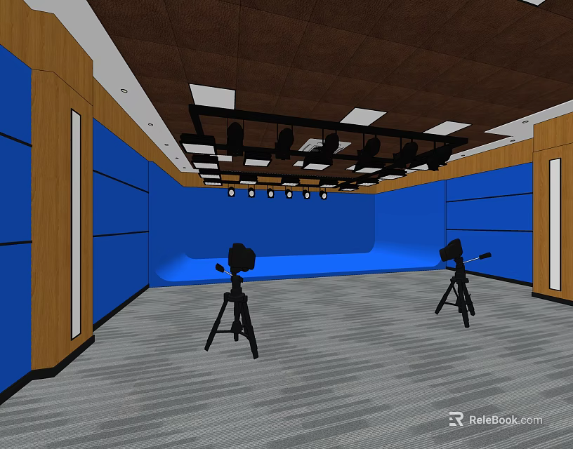 Professional Studio Interior With Blue Backdrop Wooden Walls Ceiling And Camera Tripods 3d model 