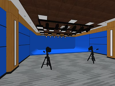 Professional Studio Interior With Blue Backdrop Wooden Walls Ceiling And Camera Tripods 3d model