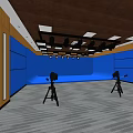 Professional Studio Interior With Blue Backdrop Wooden Walls Ceiling And Camera Tripods