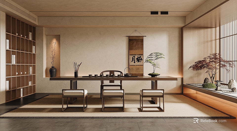 Japanese Style Tea Room With Long Wooden Table Tea Utensils Scroll Decoration And Plants 3d model 