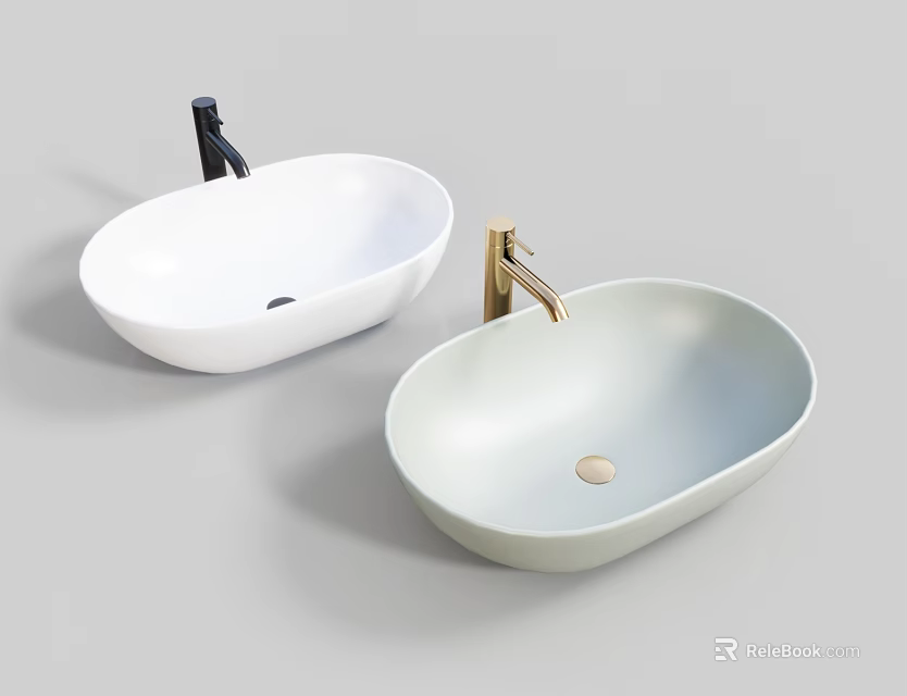 Modern Oval White And Light Grey Washbasins With Black And Golden Faucets 3d model 