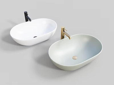 Modern Oval White And Light Grey Washbasins With Black And Golden Faucets 3d model