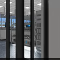 Laboratory Interior With Metal Shelves Computers Books Natural Light And Blue Flooring