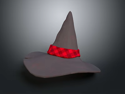 Gray Witch Hat With Pointed Top And Red Plaid Band For Halloween Costume 3d model