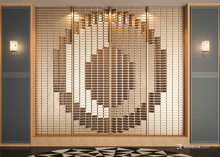 Wooden Slatted Background Wall With Circular Pattern Gray Side Panels Top Lighting And Geometric Floor 3d model