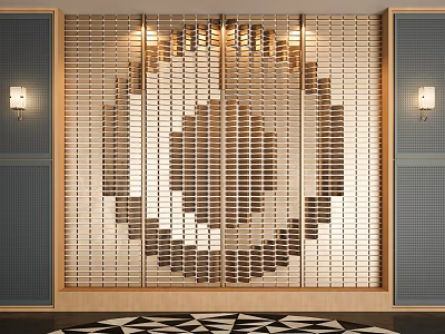 Wooden Slatted Background Wall With Circular Pattern Gray Side Panels Top Lighting And Geometric Floor 3d model