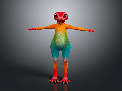 Colorful Reptile Lizard With Red Head Orange Green Gradient Body Outstretched Arms Red Limbs Claws 3d model