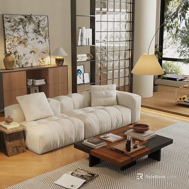 Modern Living Room With White Sofa And Wooden Coffee Table Set Decorative Items 3d model 