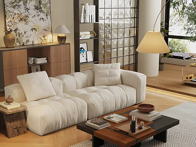 Modern Living Room With White Sofa And Wooden Coffee Table Set Decorative Items 3d model