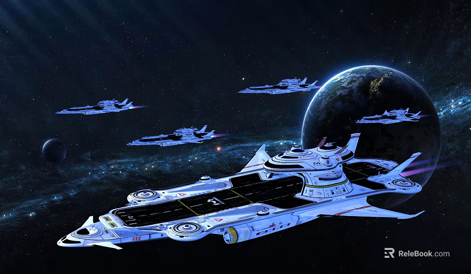 Futuristic Spaceships Flying Near Earth In Starry Outer Space Scene 3d model 