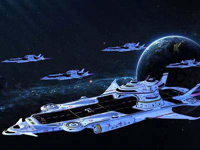 Futuristic Spaceships Flying Near Earth In Starry Outer Space Scene 3d model