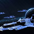 Futuristic Spaceships Flying Near Earth In Starry Outer Space Scene