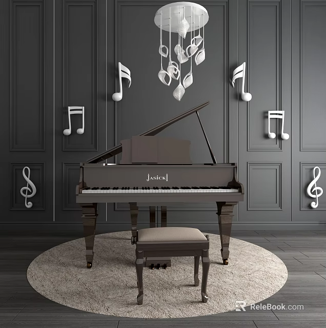 Classic Grand Piano Interior With Music Note Wall Decor And Stool On Round Rug 3d model 