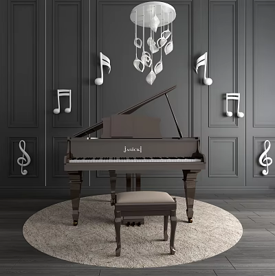 Classic Grand Piano Interior With Music Note Wall Decor And Stool On Round Rug 3d model