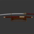 Traditional Japanese Katana Weapon with Red Scabbard and Gold Accents on Wooden Stand