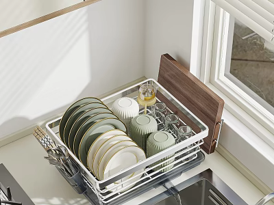 Organized Kitchenware Drying Rack With Plates Cups And Glasses Near Window 3d model